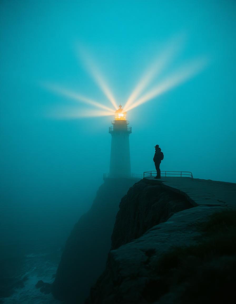 A lighthouse keeper on a fog-bound cliff as amber beams cut the dusk