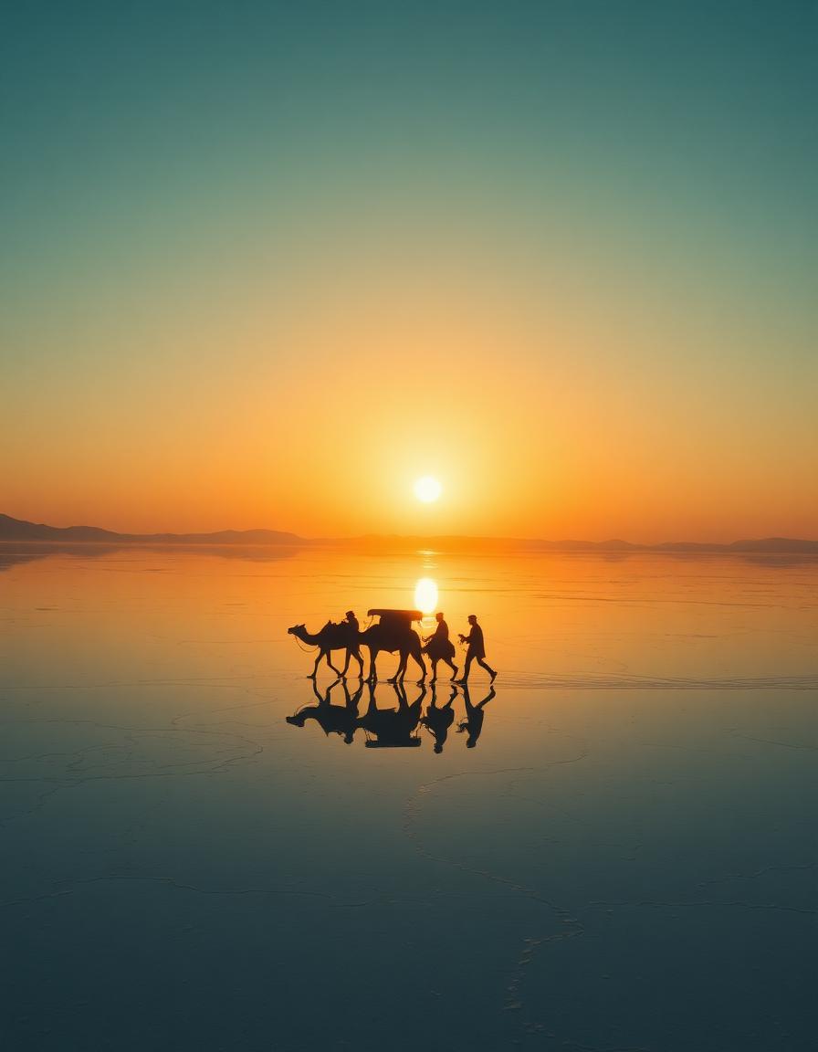 A caravan crossing a mirror-flat salt lake at dawn