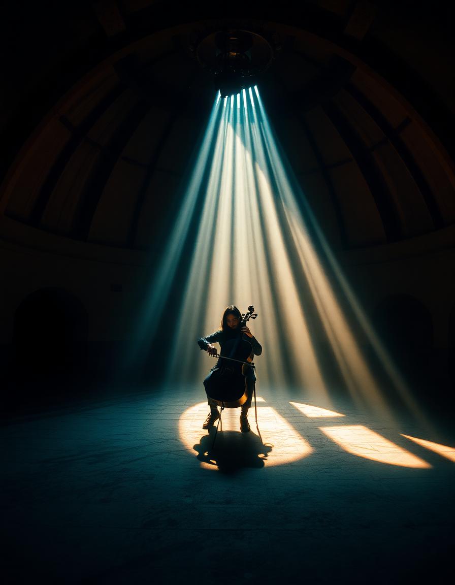 A cellist playing alone inside an abandoned observatory