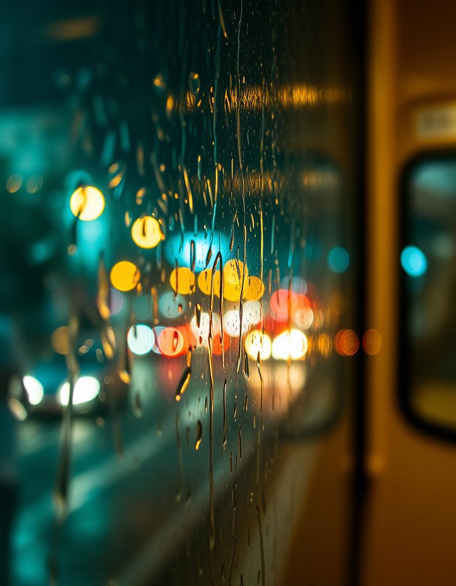 Rain running down neon-lit tram glass at night