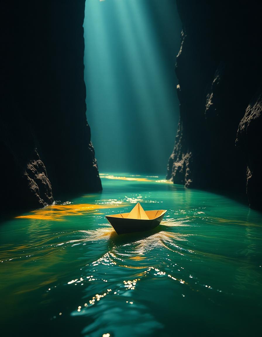 A paper boat drifting on a river of molten gold in a dark canyon