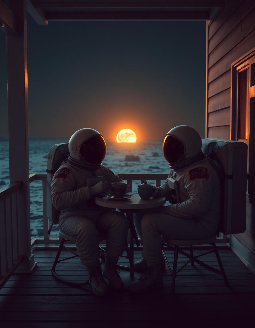 Two astronauts sharing tea on a quiet lunar porch